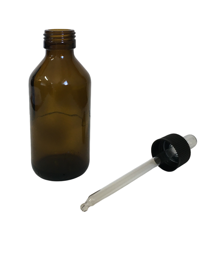 flacone vetro ambrato da 100 ml e pipetta contagocce separate per soluzioni fotosensibili