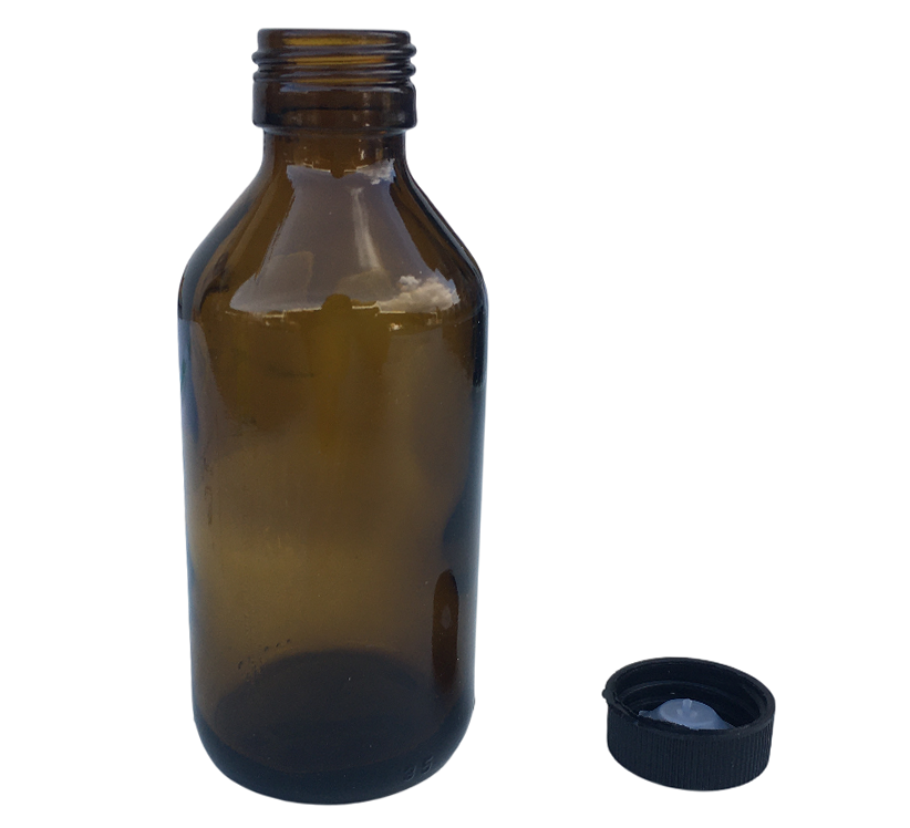 bottiglietta vetro ambrato 100 ml con tappo svitato per liquidi fotosensibili