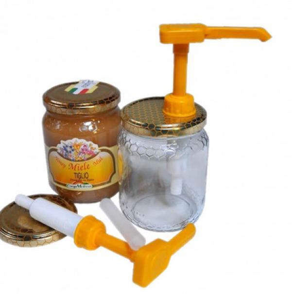Dispenser dosatore per miele con due tappi compatibili da 500 e 1000 grammi in plastica e metallo per vasetti di miele