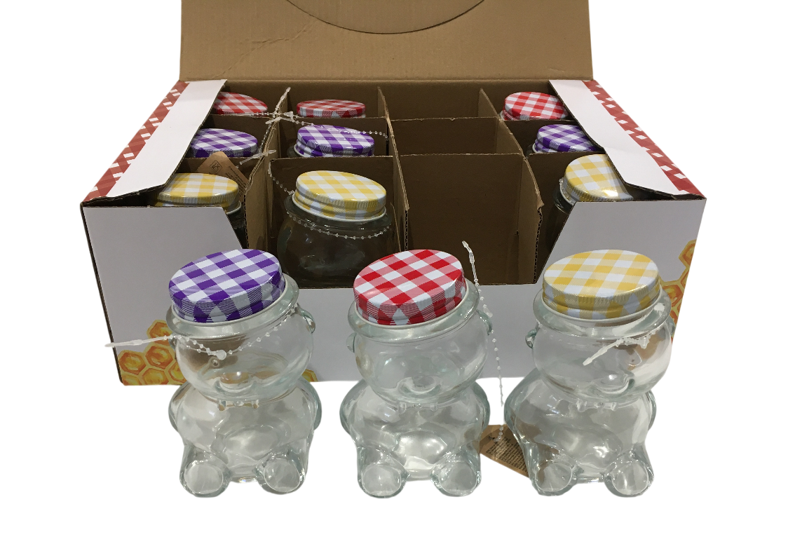confezione da 12 vasetti in vetro orsetto con tappi colorati assortiti 150 ml per miele e prodotti artigianali