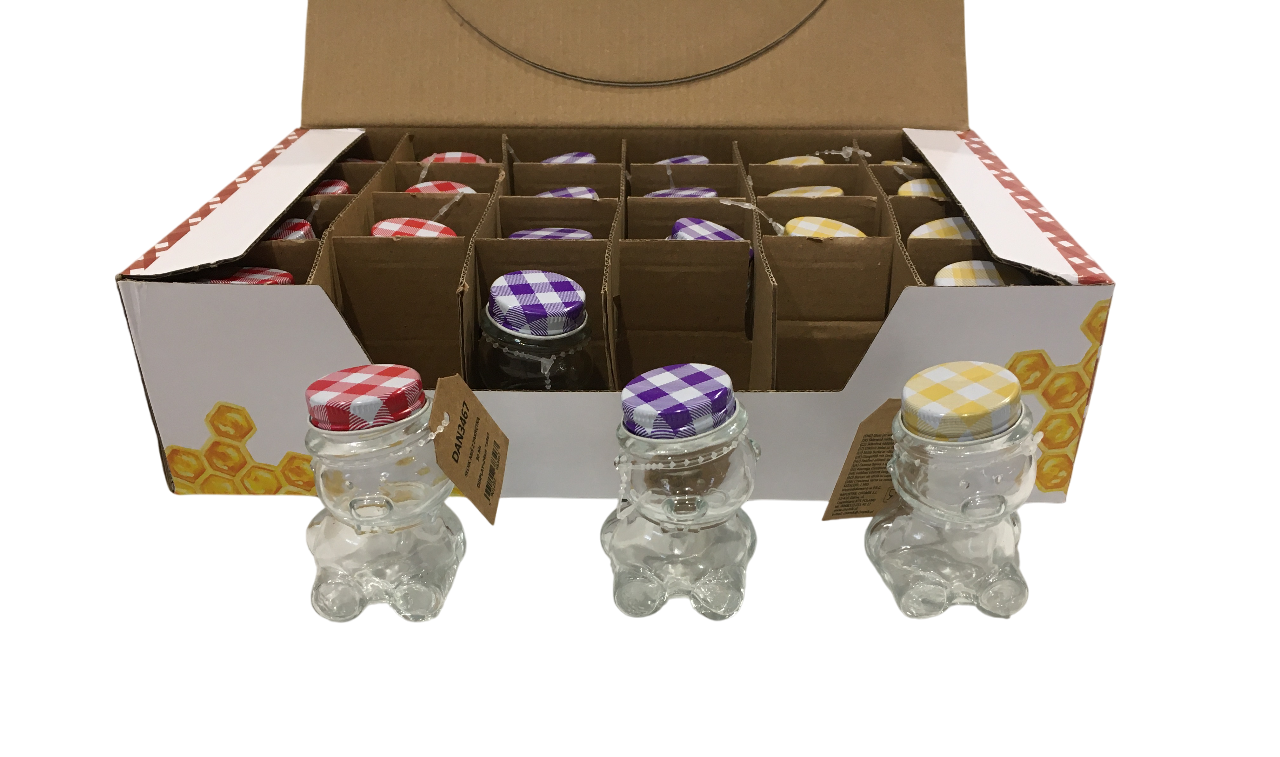 scatola con vasetti in vetro a forma di orsetto con tappi colorati assortiti per miele o regali
