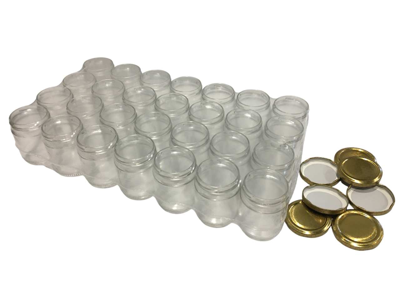 confezione da 24 vasetti in vetro trasparente da 250 grammi con capsule oro alveare