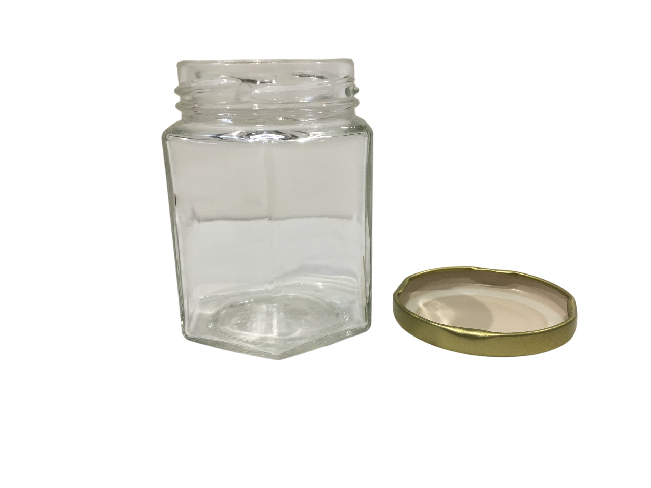 vaso esagonale in vetro trasparente da 190 ml con coperchio twist off oro per miele e conserve