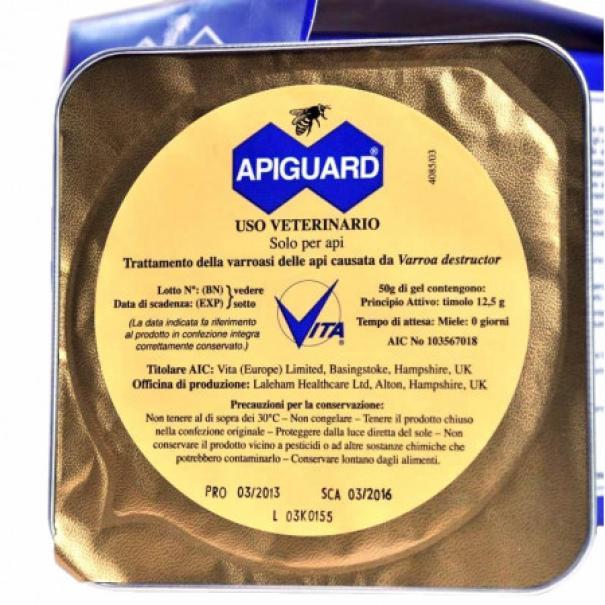 vaschetta apiguard gel timolo trattamento varroa apicoltura dettaglio etichetta