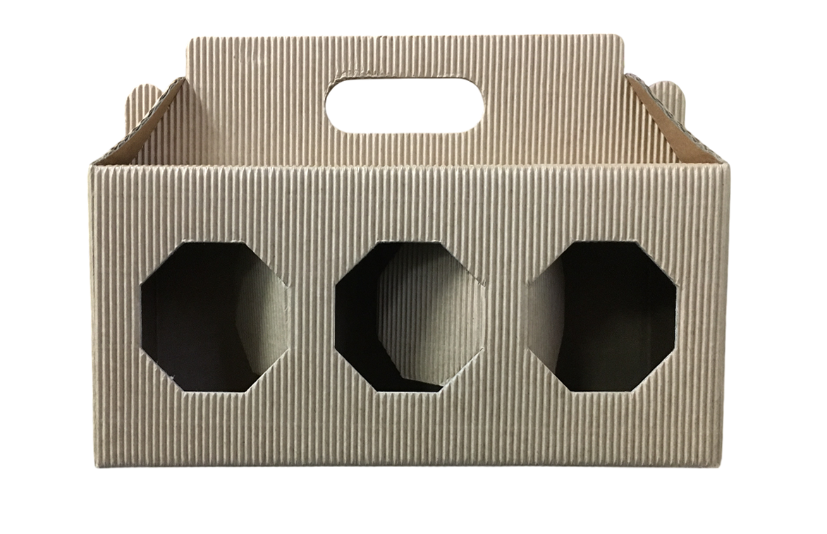 Scatola portavasetti in cartoncino marrone per tre vasetti da 250g con finestre e manico