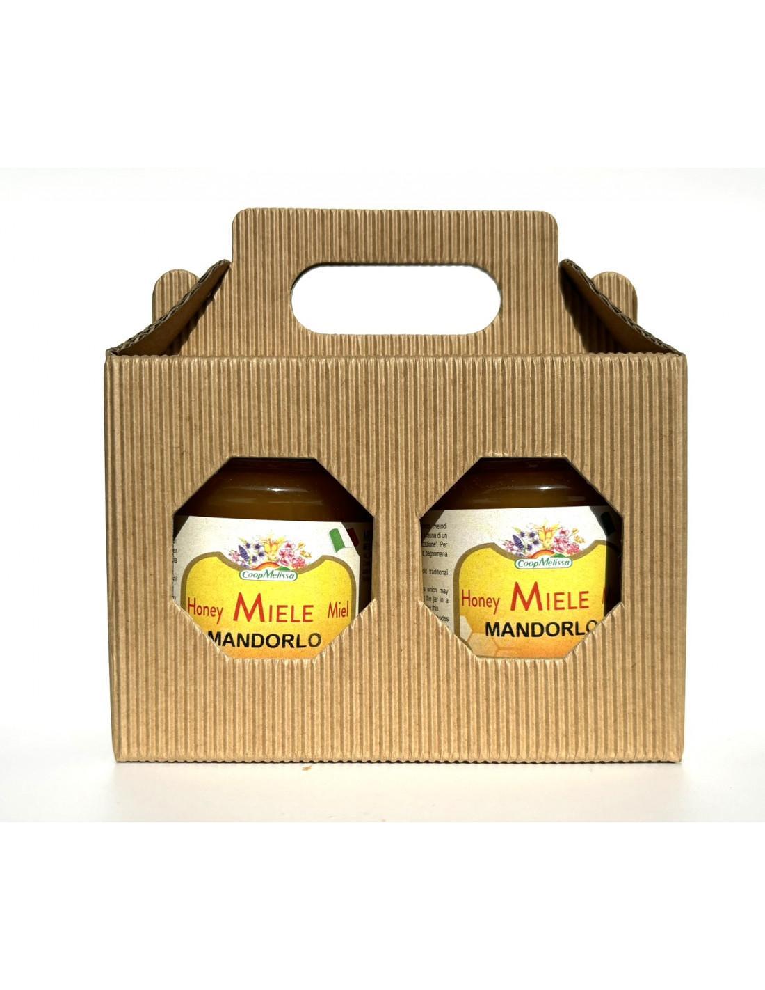 Scatoletta portavasetti marrone per due vasi da 250 grammi con manico vista frontale per miele e confetture