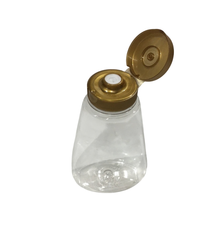 dispenser squeezer trasparente per miele con tappo dorato e valvola antigoccia
