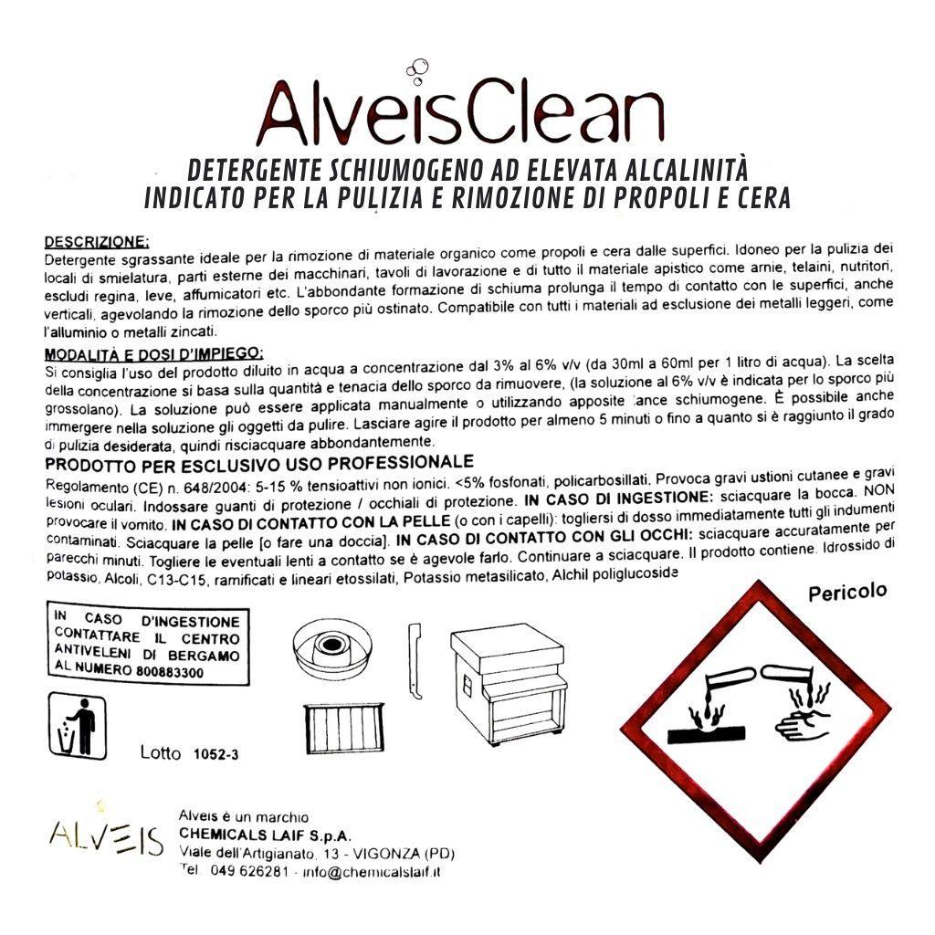 Etichetta dettagliata detergente AlveisClean 5L per smielatura e arnie